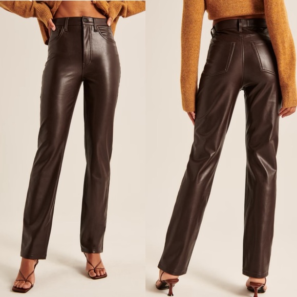 Abercrombie & Fitch Vegan Leather 90s Straight Pant Curve Love Dark Brown - Picture 1 of 12